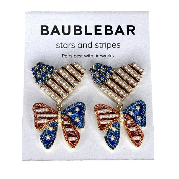 BaubleBar Patriotic EARRINGS Dangle Drop Red White Blue Bows Hearts Pearl USA - Picture 3 of 8